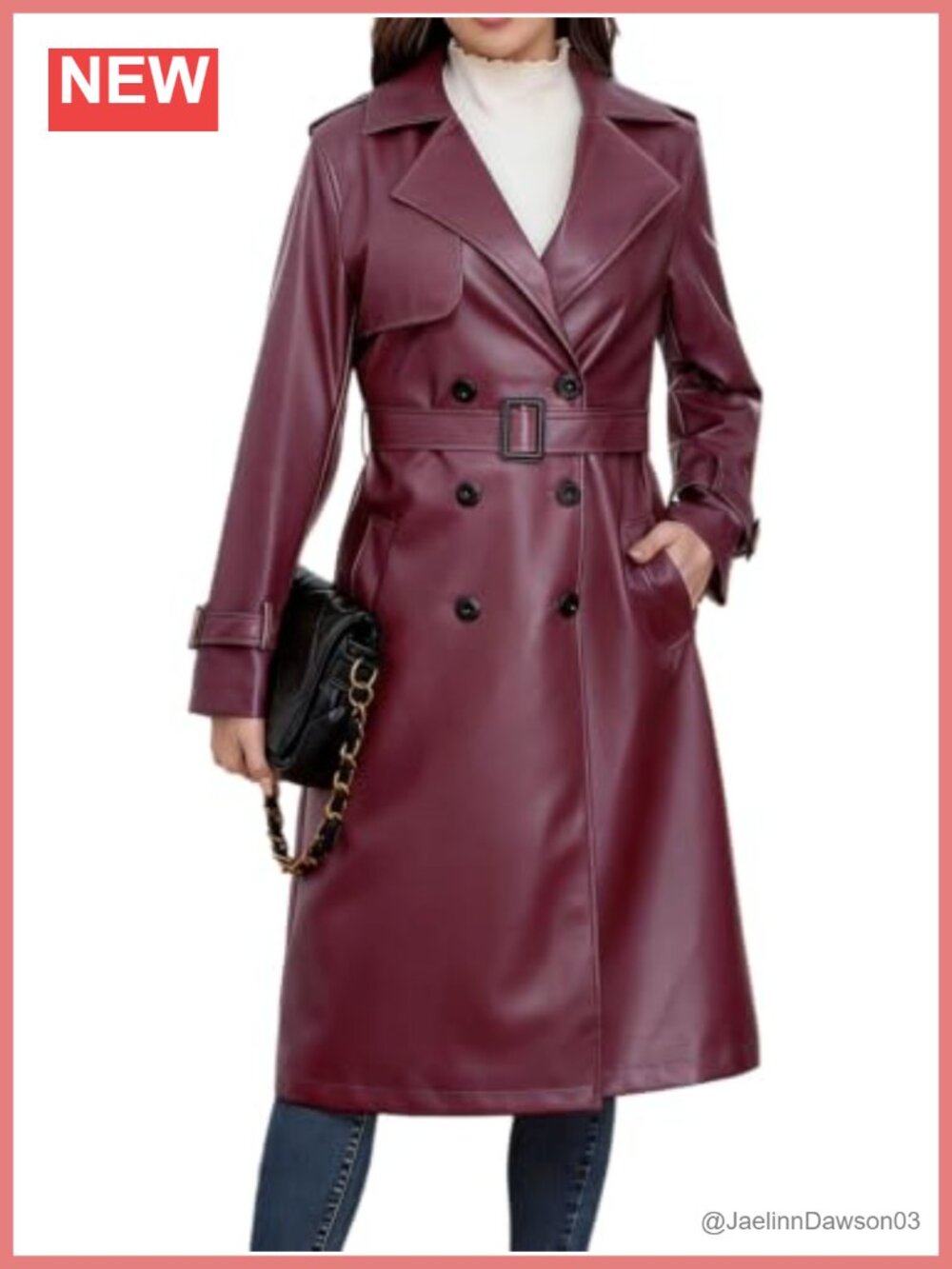 Women's Long Faux Leather Trench Coat Double Breasted Belted Jacket